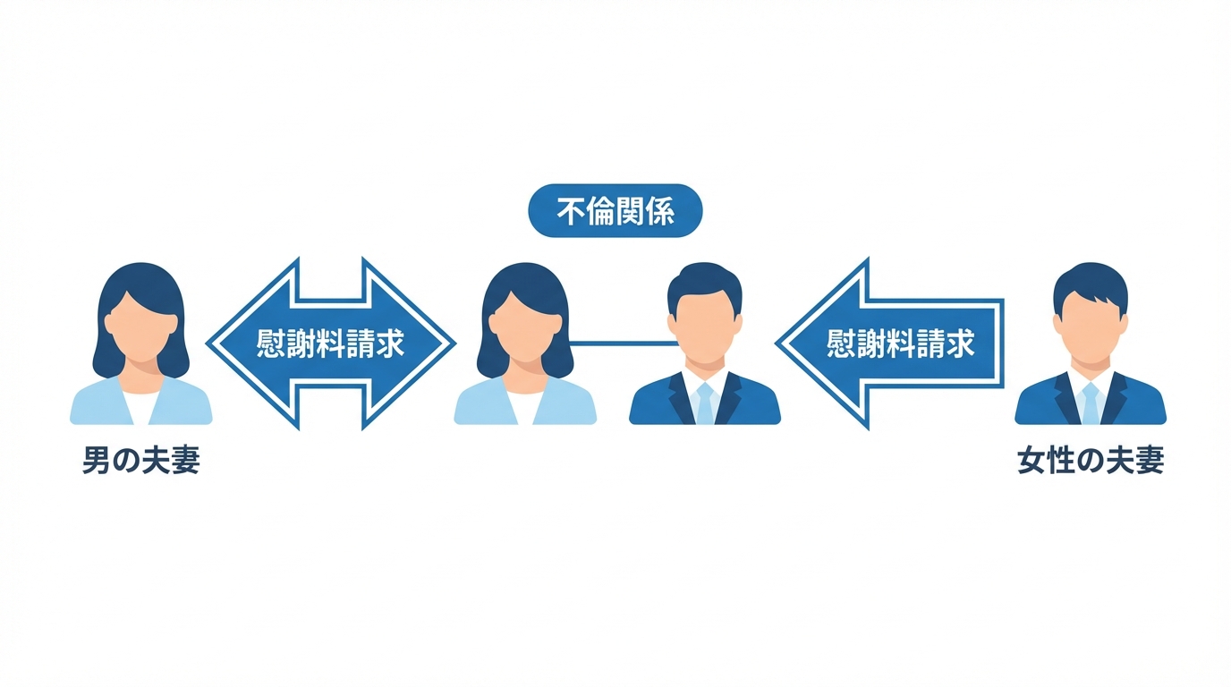 W不倫の4者関係図。不倫した2人とその配偶者、合計4人の関係と、誰が誰に慰謝料を請求できるかを示している。