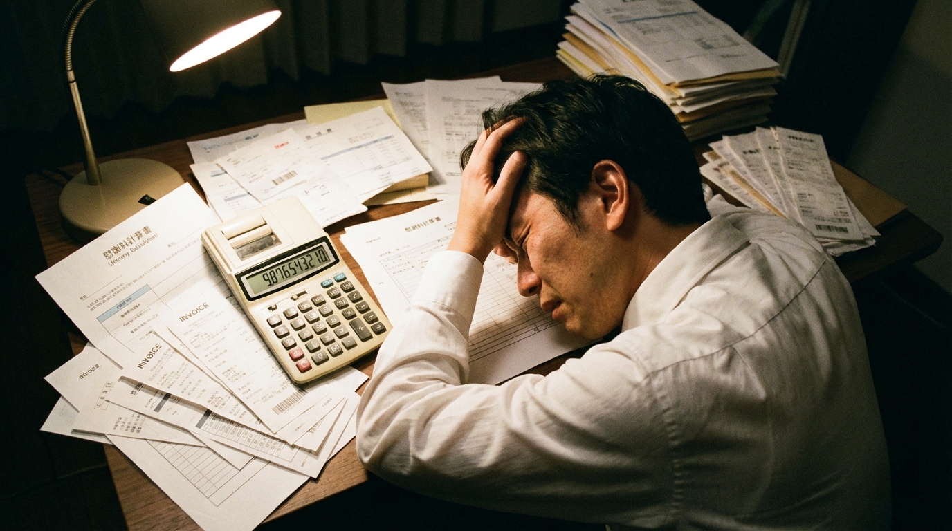 電卓を前に頭を抱える男性。不貞慰謝料の計算が単純ではないことを示している。