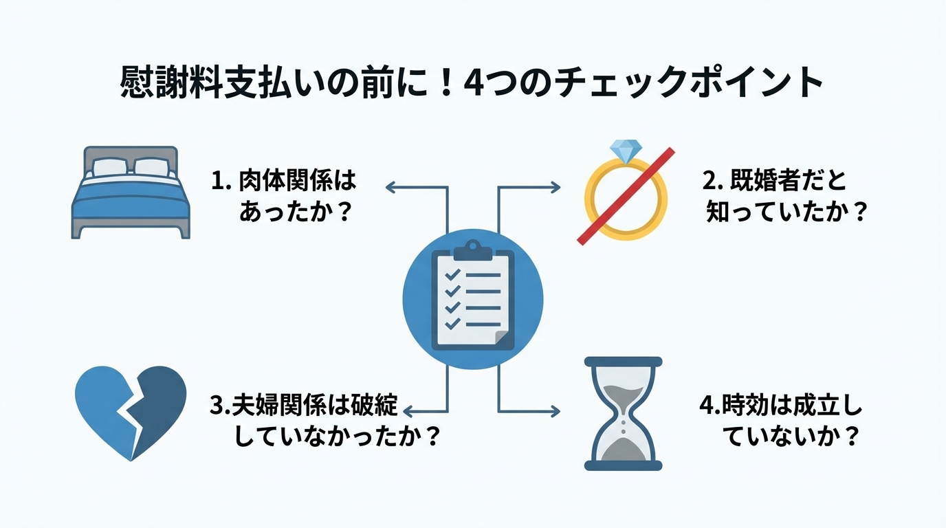 不貞慰謝料を支払う前に確認すべき4つの重要ポイント(肉体関係の有無、故意・過失、婚姻関係の破綻、時効)を図解したインフォグラフィック。