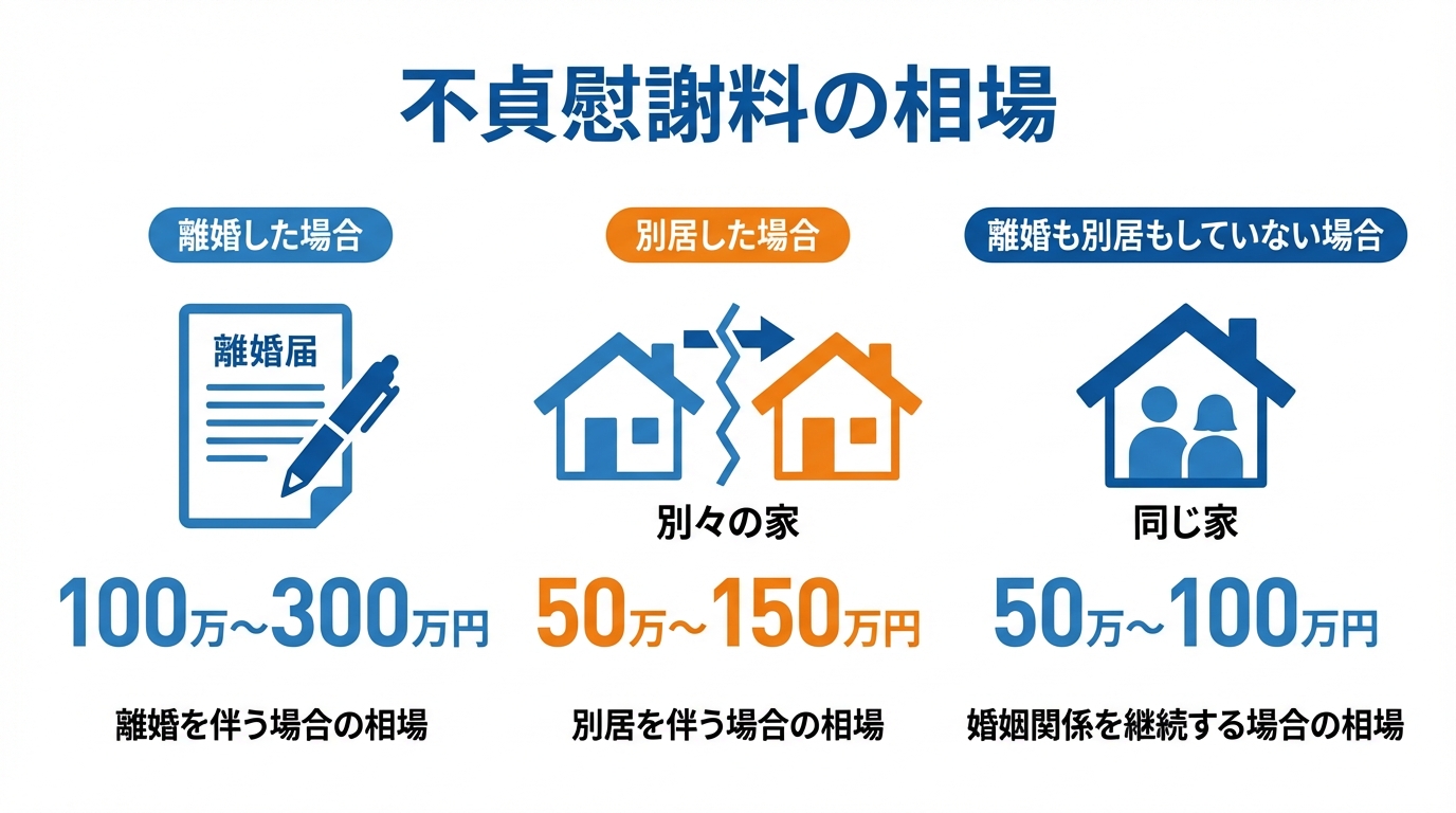 不貞慰謝料の相場を「離婚した場合」「別居した場合」「離婚も別居もしていない場合」の3パターンに分けて示した図解。