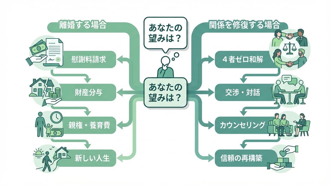 W不倫の解決策の選択肢を示す図。「離婚する場合」と「関係を修復する場合」の2つの道筋と、それぞれで検討すべき事項をまとめている。