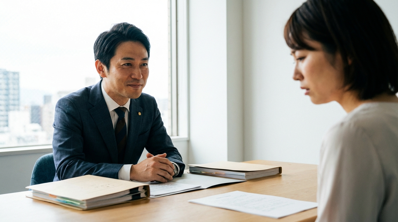 親身に依頼者の話を聞く弁護士。不貞慰謝料問題で悩んだ際の相談先として安心感を与える。