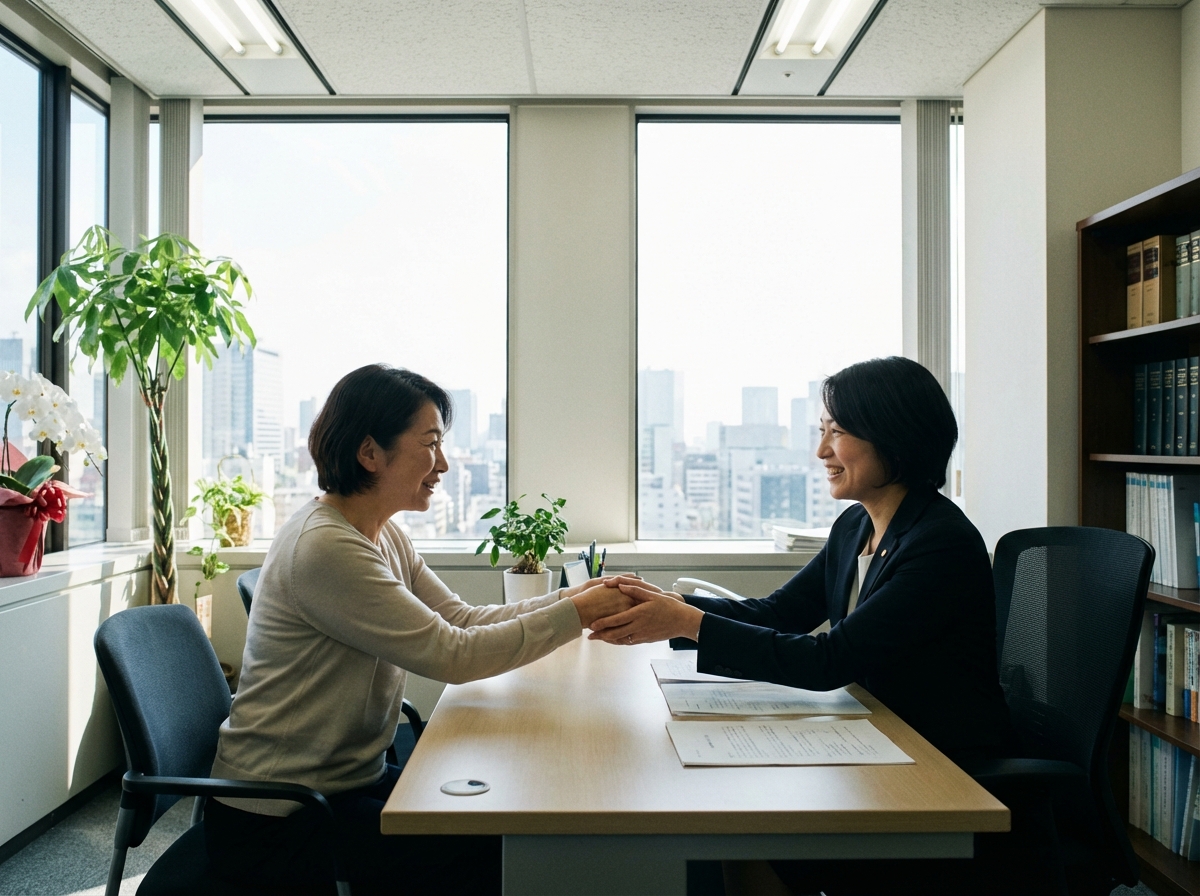 不貞慰謝料問題が解決し、弁護士と握手して安堵する女性依頼者