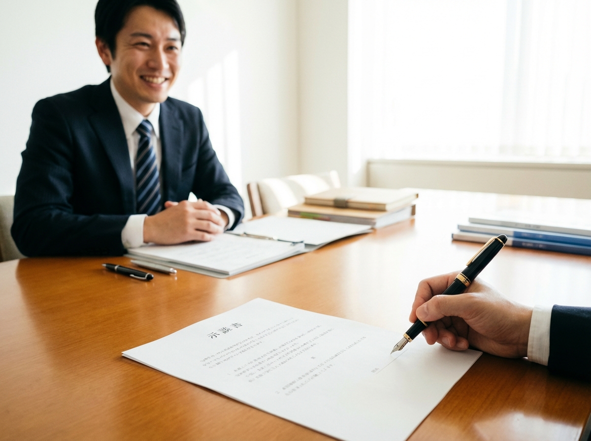 弁護士のサポートのもと、示談書にサインして問題を解決した依頼者の様子