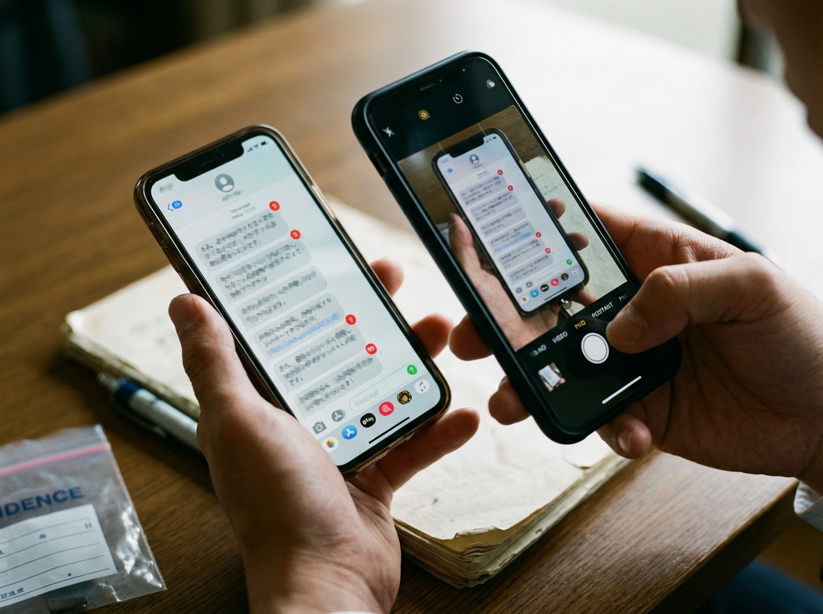 不貞慰謝料の減額交渉のため、証拠となるスマートフォンのメッセージを保全している様子
