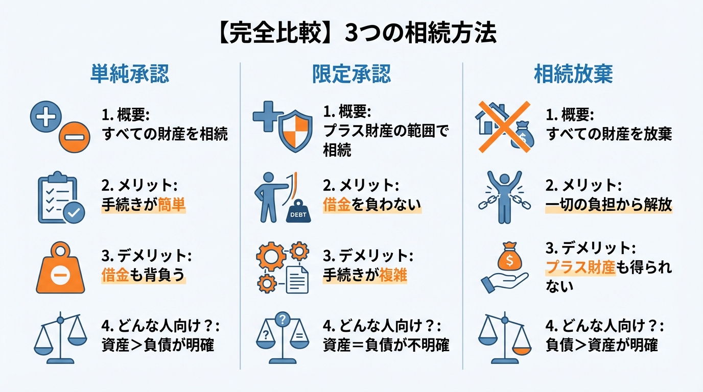 単純承認、限定承認、相続放棄の3つの相続方法を比較した図解。それぞれのメリット、デメリット、選択すべきケースが一目でわかるインフォグラフィック。