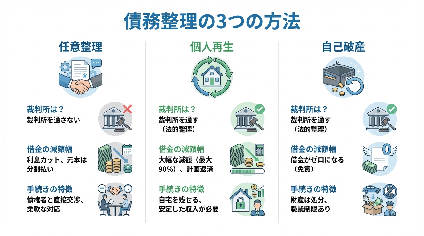 債務整理の3つの方法（任意整理・個人再生・自己破産）の比較図解。それぞれの特徴や借金の減額幅の違いを分かりやすく解説。