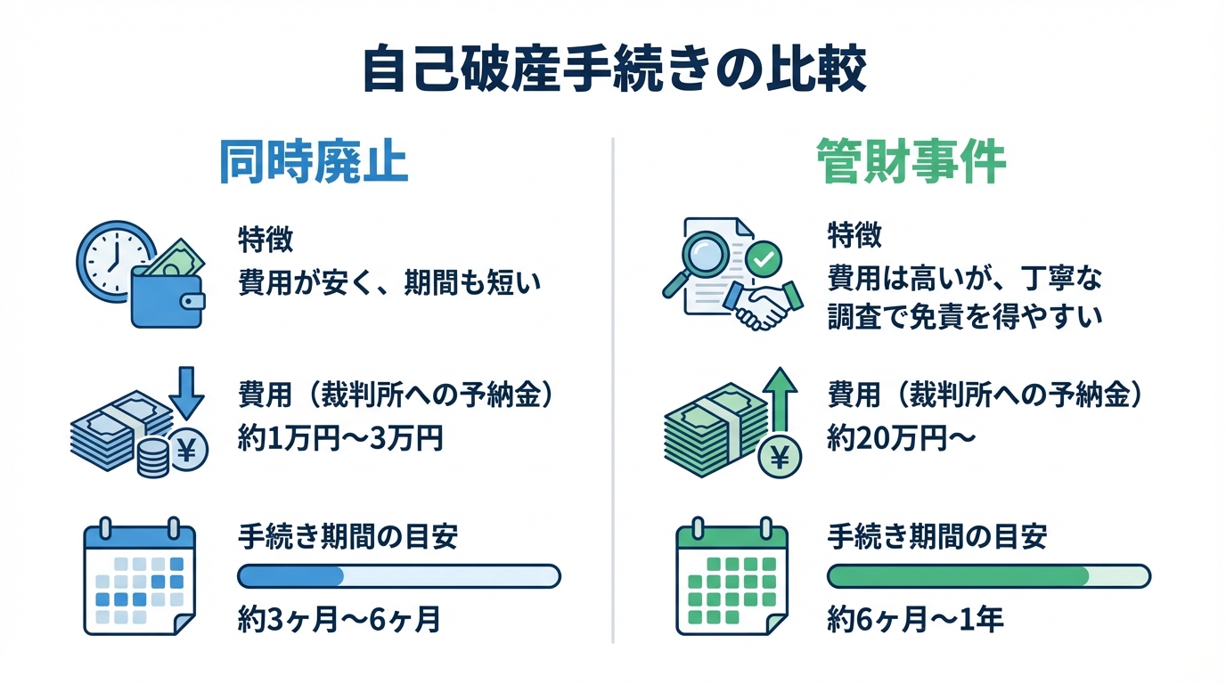 自己破産の手続きである同時廃止と管財事件の費用と期間を比較した図解