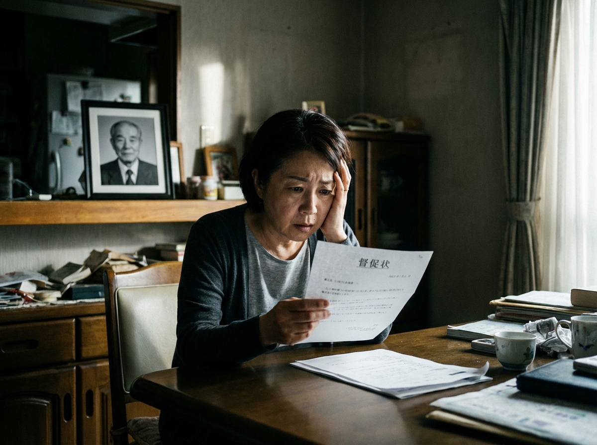 亡くなった父親の借金の督促状を見て頭を抱える女性。期限超過後の債務発覚による精神的負担を表している。