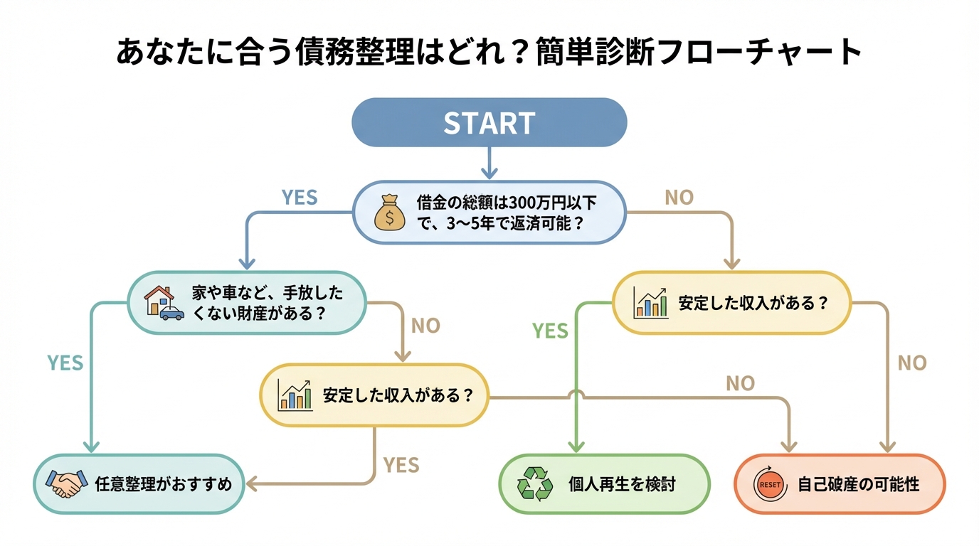 自分に合った債務整理の方法がわかるフローチャート。簡単な質問に答えることで、任意整理、個人再生、自己破産のどれが適しているか診断できる。