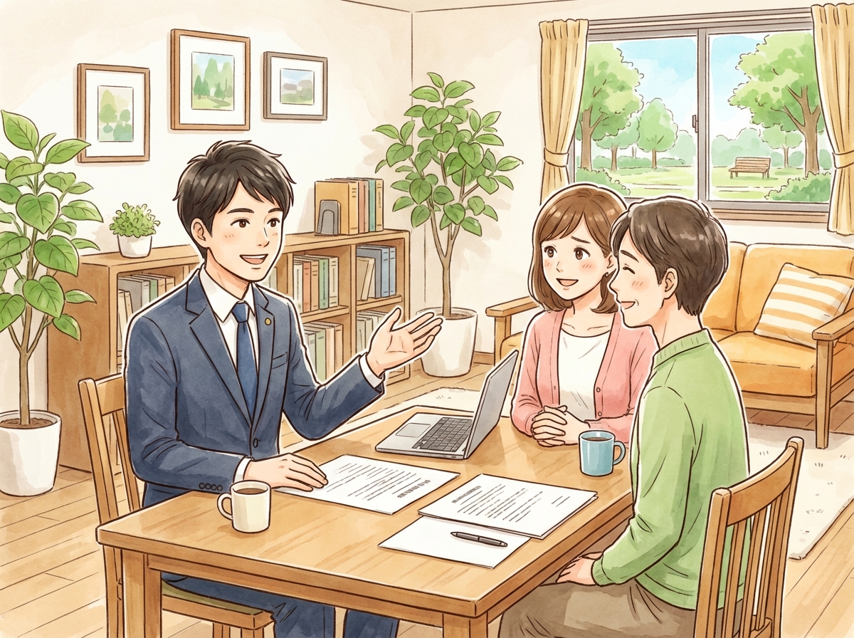 弁護士に相談して安心する夫婦のイラスト