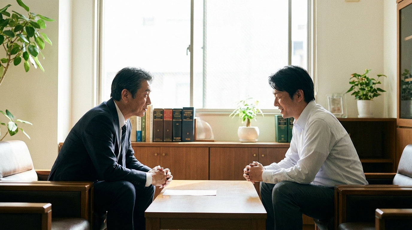 弁護士に相談し、安心した表情を浮かべる相談者。専門家への相談が問題解決の第一歩であることを示す画像。