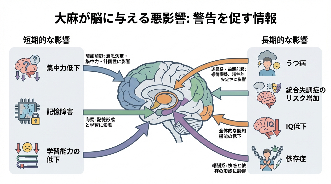 大麻が脳に与える短期的な影響（集中力低下、記憶障害）と長期的な影響（依存症、精神疾患リスク）を解説した図解。