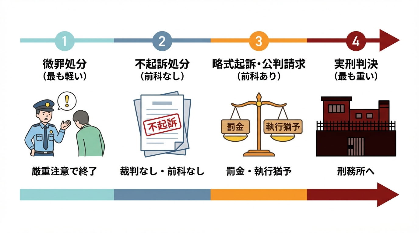 万引きで科される可能性のある刑事処分の流れを図解したもの。微罪処分、不起訴、罰金・執行猶予、実刑の4段階で処分の重さを示している。
