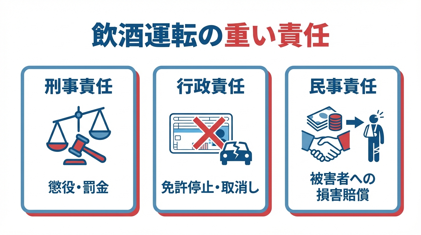 飲酒運転で問われる「刑事責任（懲役・罰金）」「行政責任（免許停止・取消し）」「民事責任（損害賠償）」の3つの責任をまとめた図解。