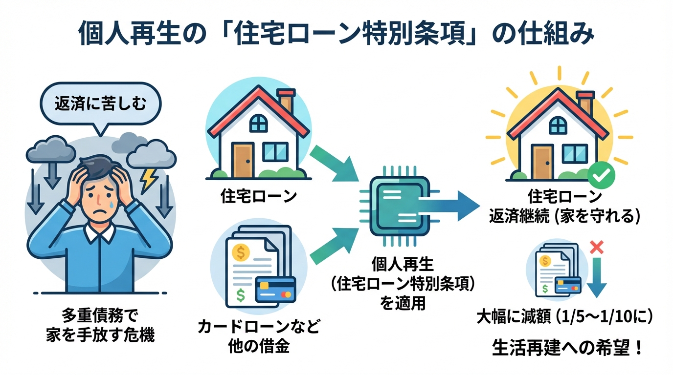 個人再生の住宅ローン特別条項の仕組みを図解したインフォグラフィック。住宅ローンはそのまま返済を続け、他の借金だけが大幅に減額される様子が示されている。