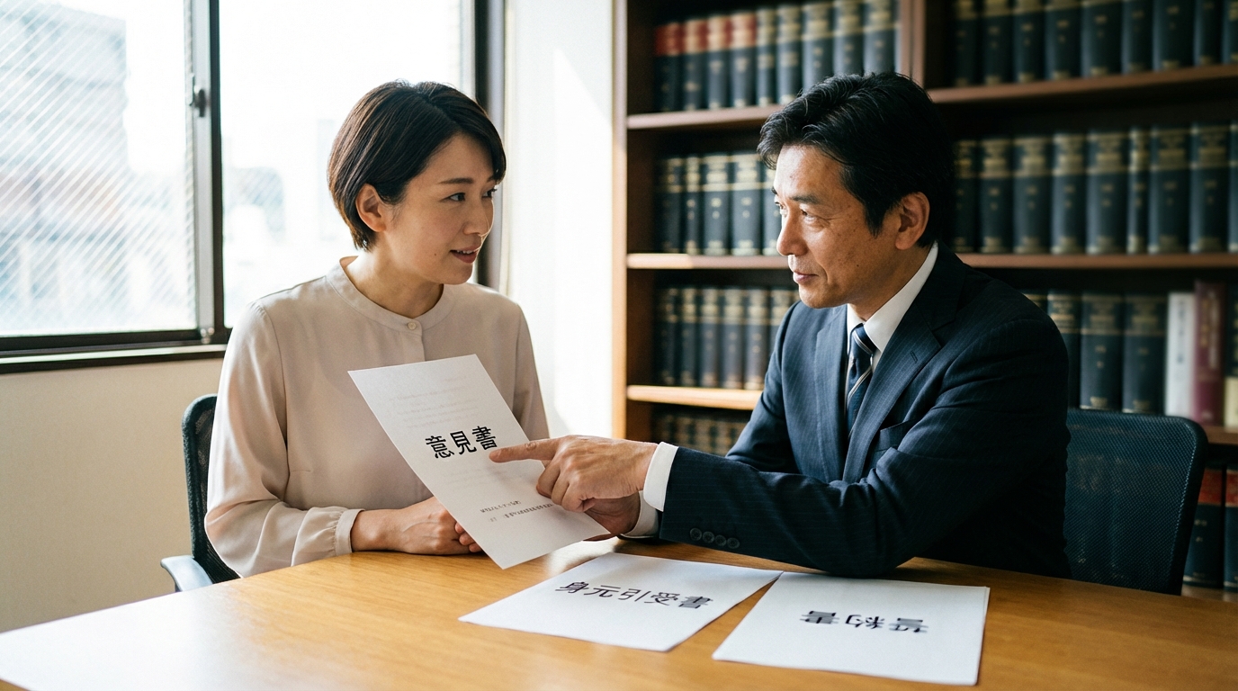 弁護士が依頼者に対し、勾留請求を却下させるための意見書や身元引受書などの書類を説明している相談風景。