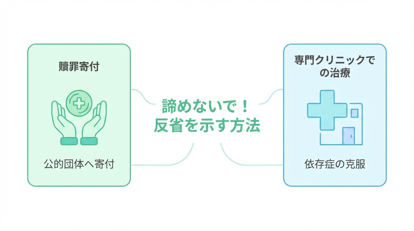 撮影罪で示談が難しい場合の代替案を示す図解。「贖罪寄付」と「専門クリニックでの治療」という2つの方法がアイコン付きで紹介されている。