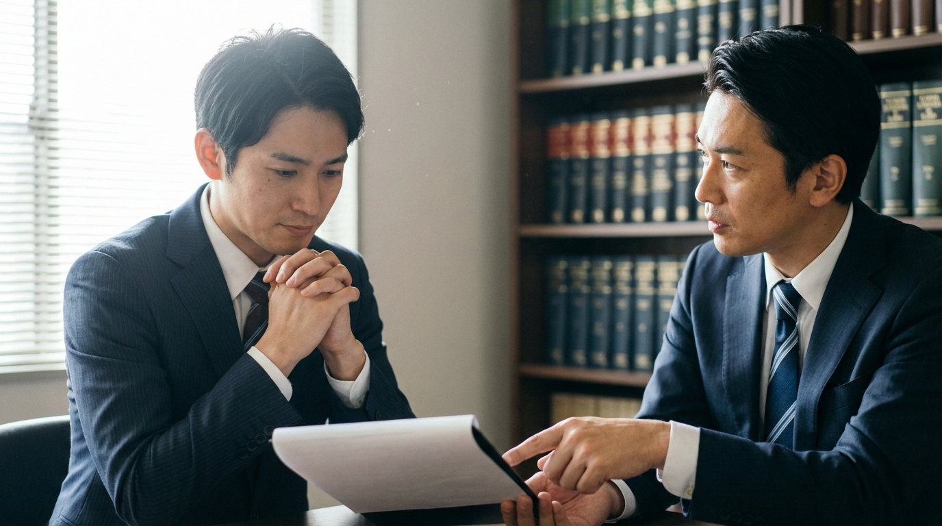 法律事務所で弁護士に相談し、少し安堵の表情を浮かべる男性。弁護士が親身に話を聞いている様子。