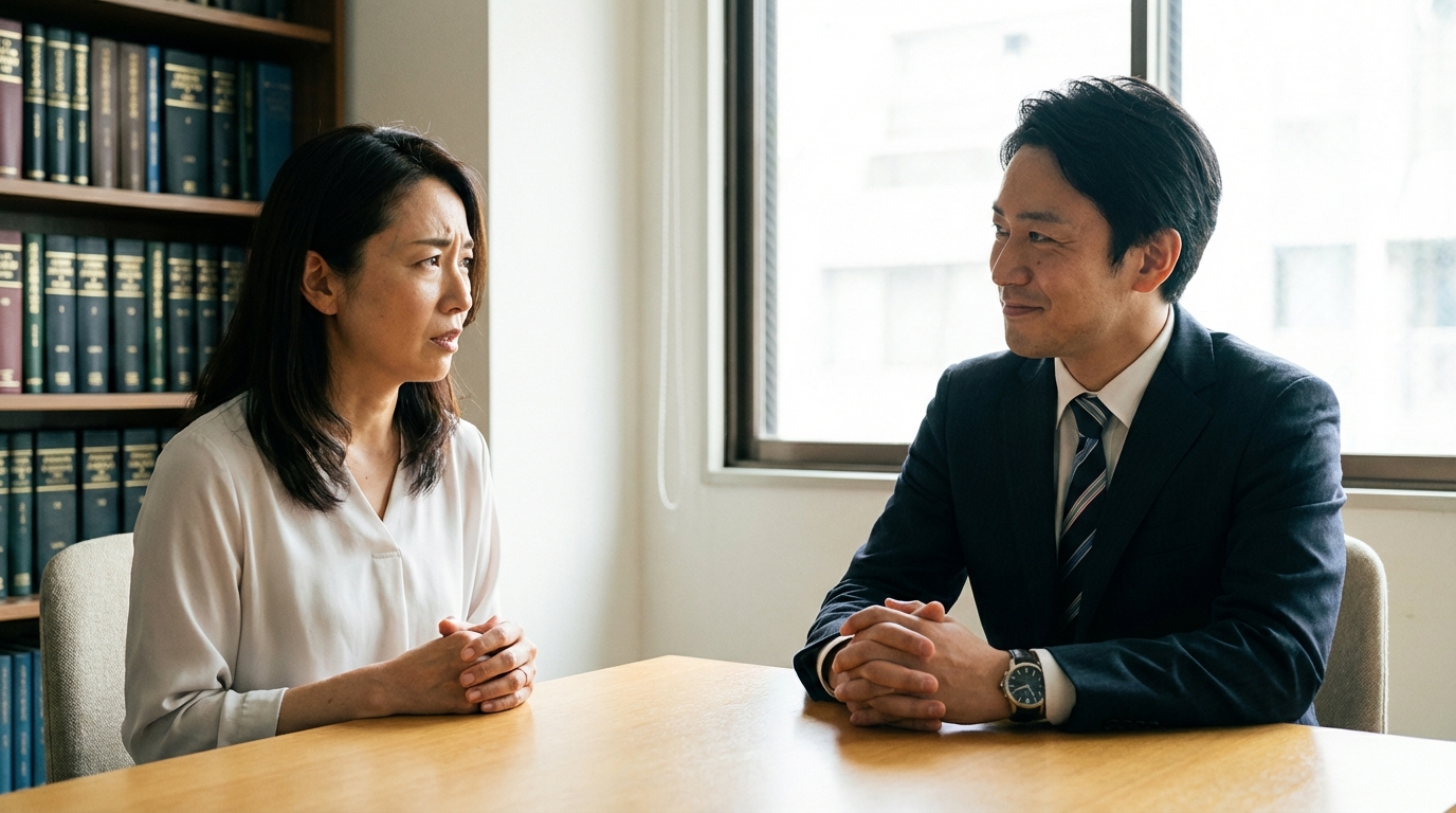 法律事務所で弁護士に相談し、少し安堵の表情を浮かべる女性。弁護士が親身に話を聞いている。