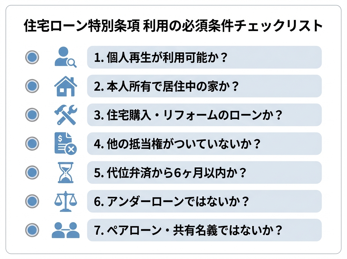 住宅ローン特別条項を利用するための7つの必須条件をまとめたチェックリスト形式の図解。各条件がアイコン付きで分かりやすく解説されている。