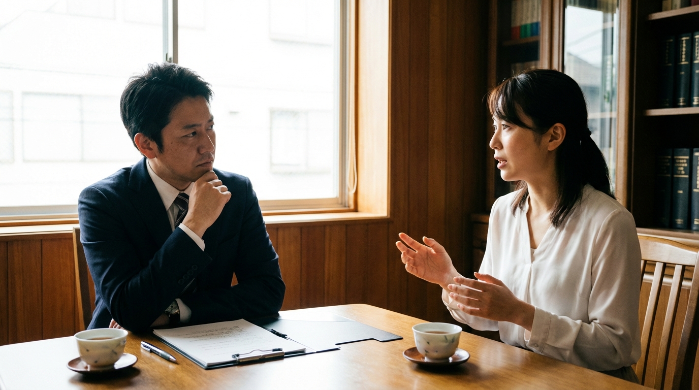 法律事務所で依頼者の話に真摯に耳を傾ける弁護士。再犯防止へのサポートを象徴する。