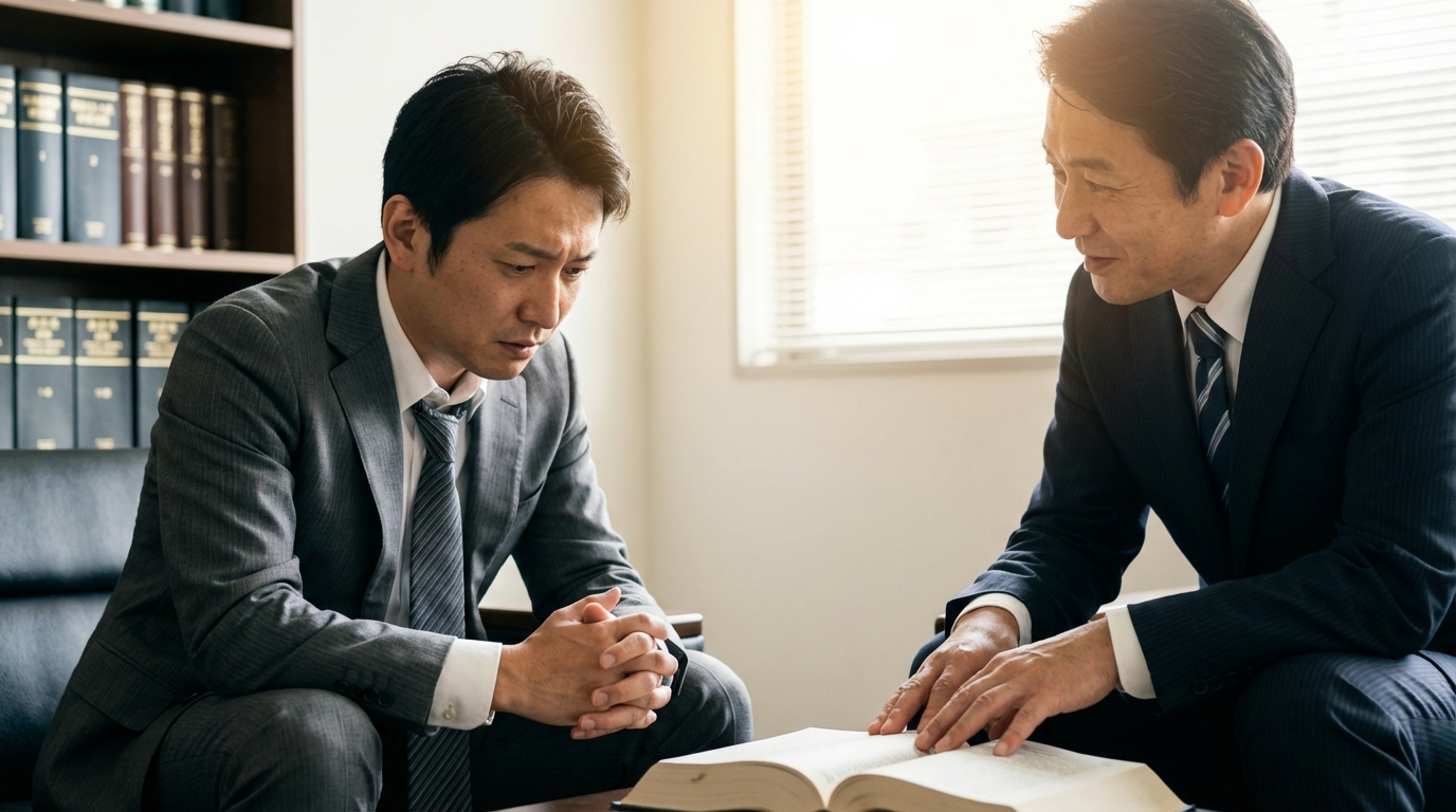飲酒運転について弁護士に相談する男性。弁護士が親身に話を聞き、解決策を示している。