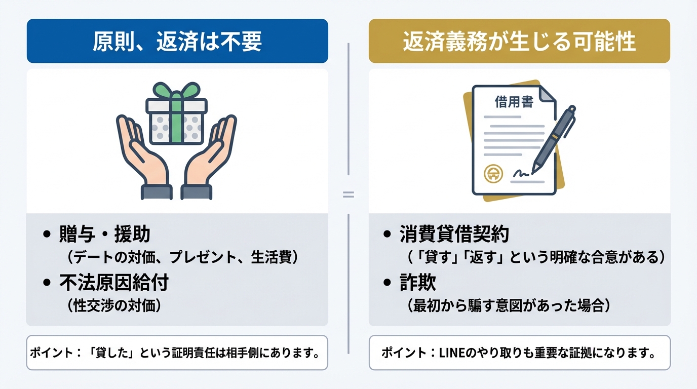 パパ活での金銭トラブルにおける返済義務の有無を判断する基準を示した図解。「贈与」や「不法原因給付」は返済不要、「消費貸借契約」や「詐欺」は返済義務が生じる可能性があることを解説。