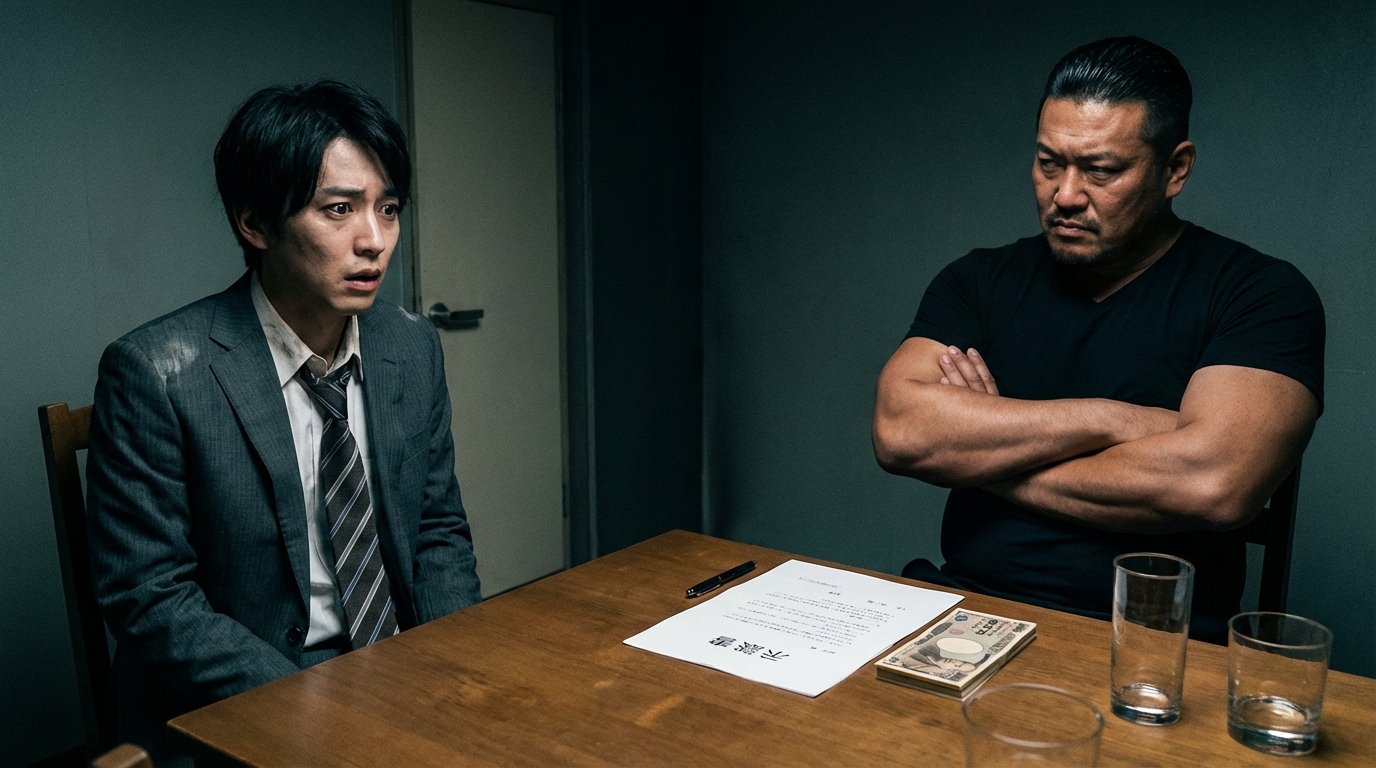 美人局で屈強な男から高額な慰謝料を請求され、困惑する男性のイラスト