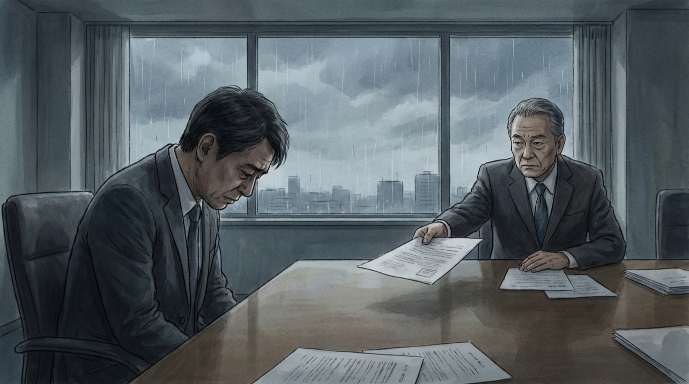 上司から能力不足を理由に解雇を告げられ、落ち込む会社員のイラスト