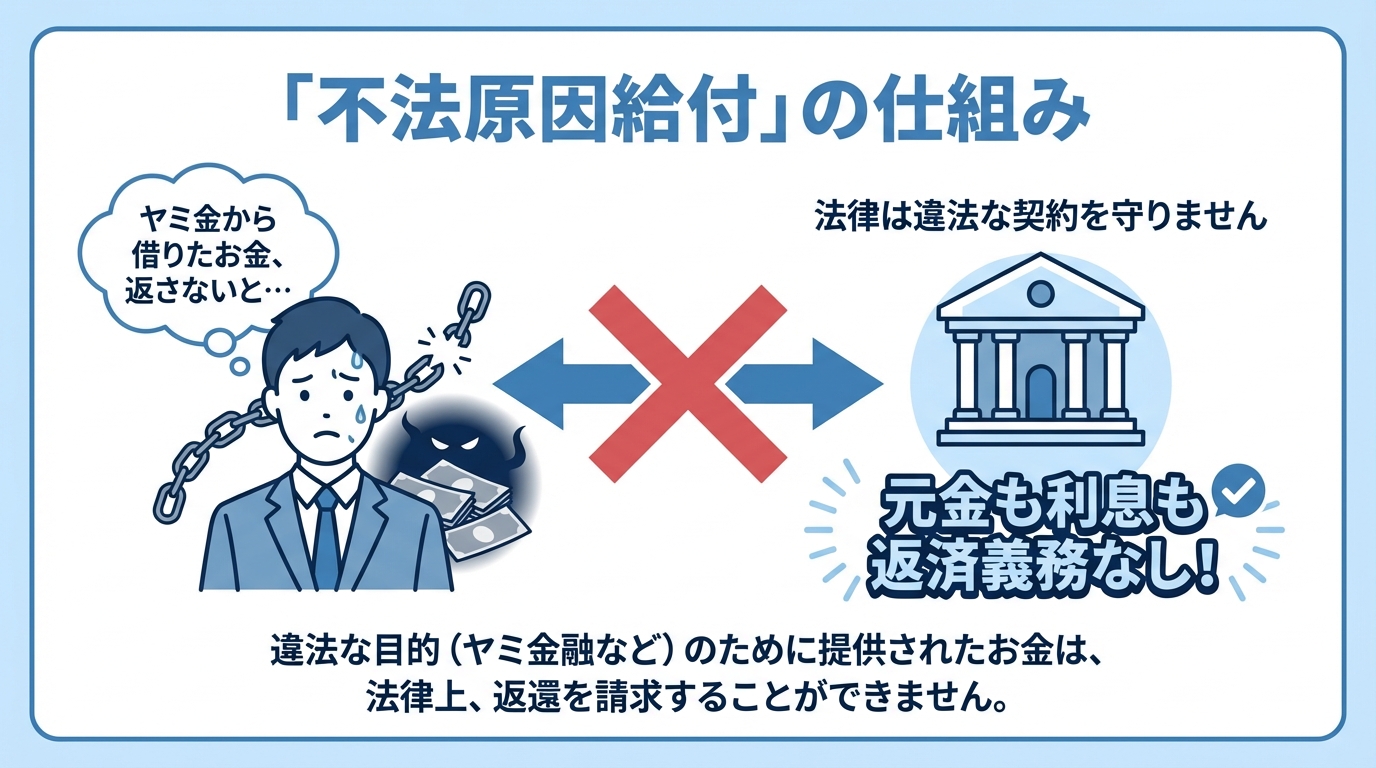 ヤミ金への返済義務がない理由を解説する図解。「不法原因給付」により、法律は違法な契約を守らないため、元金も利息も返す必要はないことを示している。