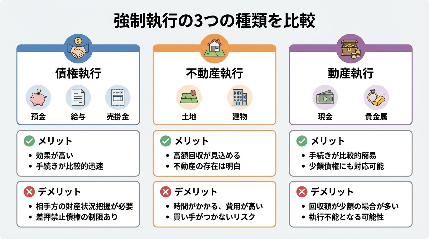 強制執行の3つの種類（債権執行、不動産執行、動産執行）の対象財産とメリット・デメリットを比較した図解。