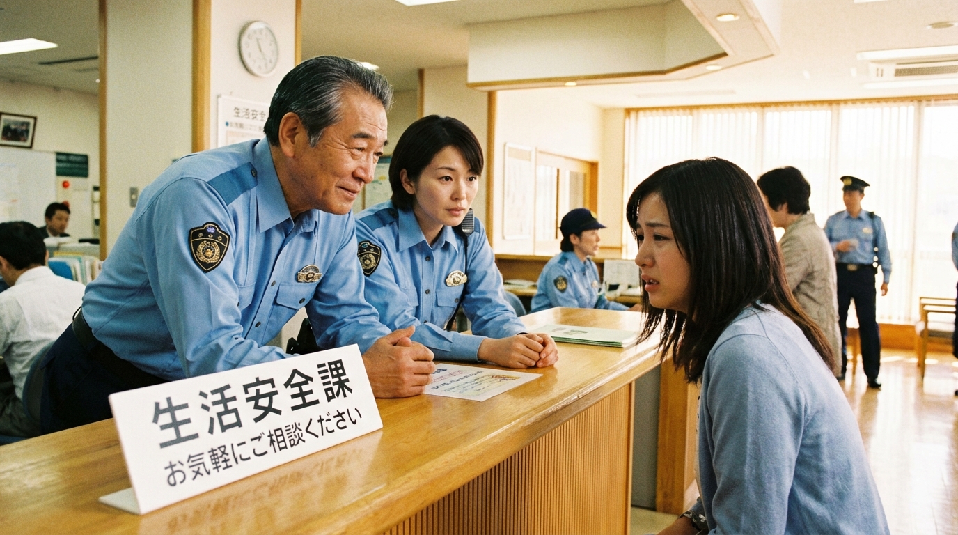 警察署の生活安全課で、警察官にストーカー被害について相談している女性。証拠となるスマートフォンの画面を見せながら話している。