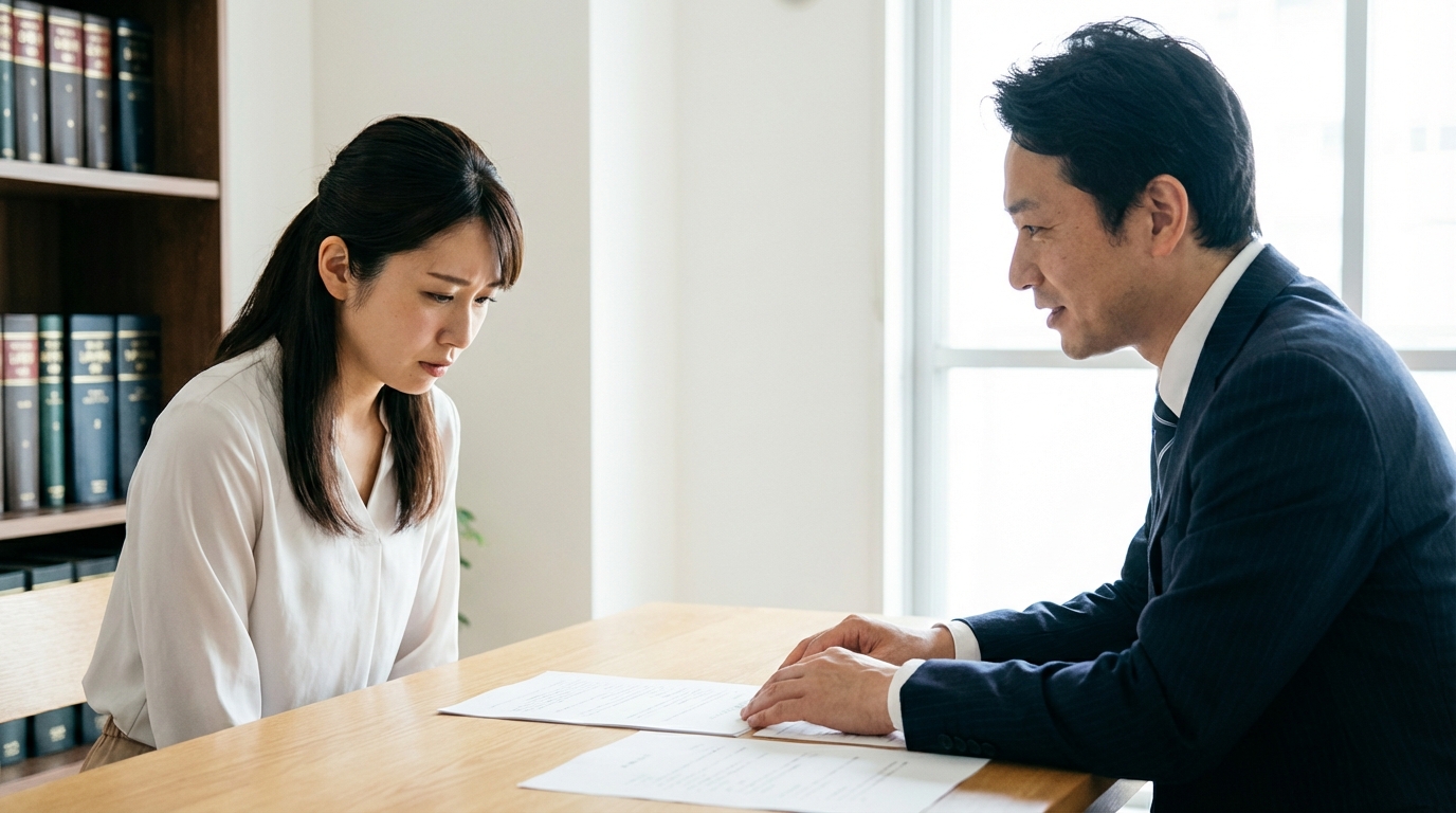 ストーカー被害について弁護士に相談する女性。専門家である弁護士が親身に話を聞き、法的な解決策を提示している。