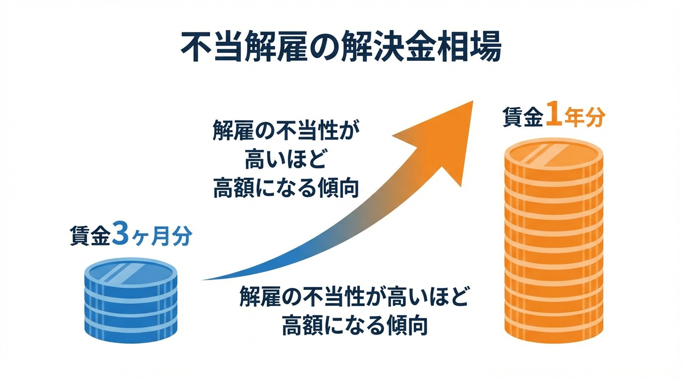 不当解雇の解決金相場を示すインフォグラフィック。不当性が高いほど金額が上がることを示している。