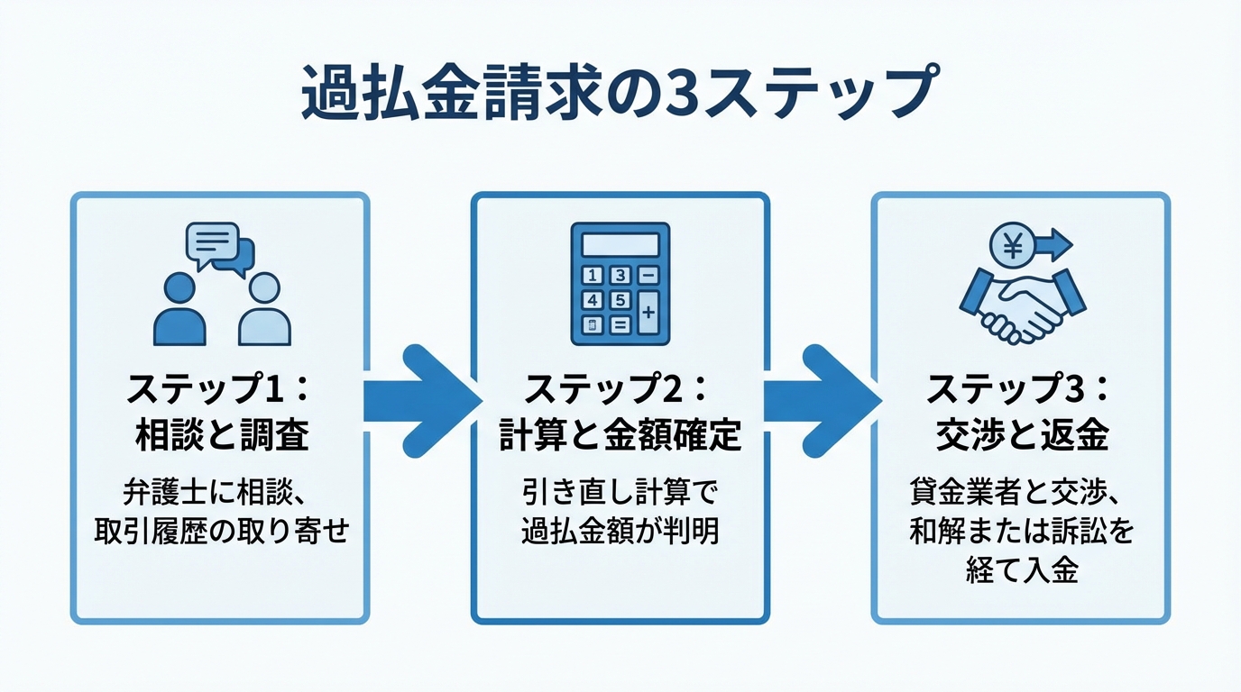 弁護士に依頼した場合の過払金請求の3ステップの流れを示した図解。相談から調査、計算、交渉、返金までのプロセスが矢印で分かりやすく繋がっている。