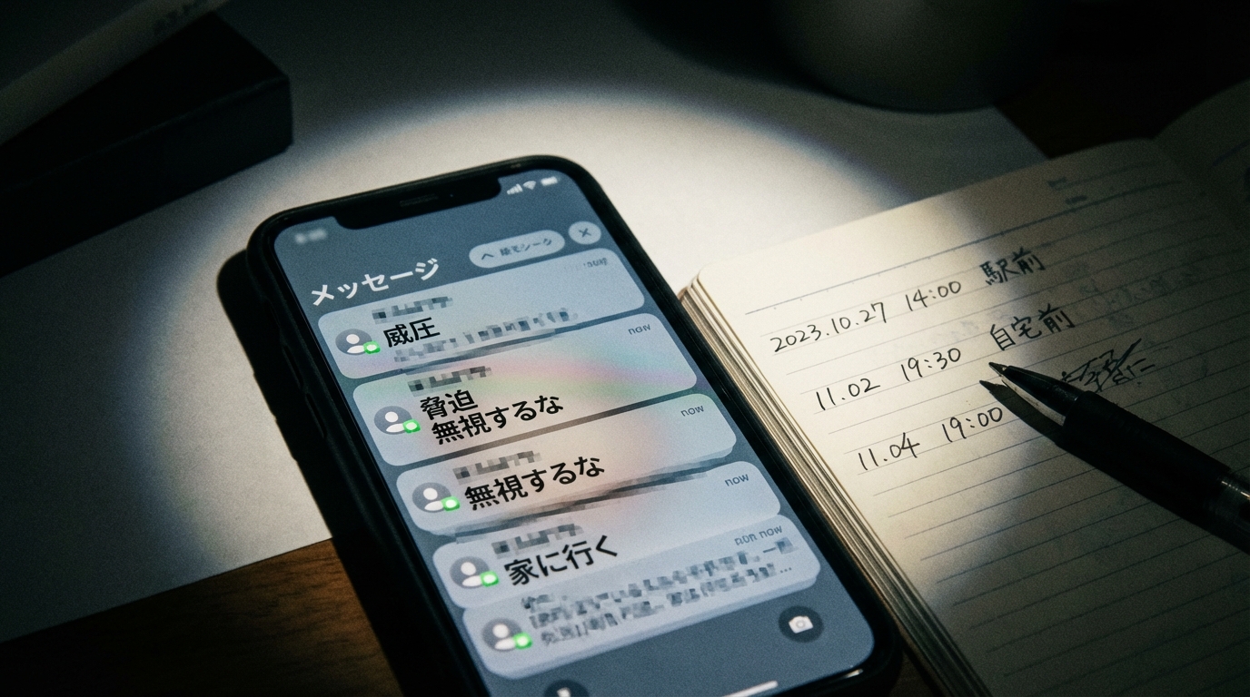 ストーカー被害の証拠として保存されたスマートフォンのメッセージ履歴と、手書きの記録メモ。被害を証明するための重要な証拠収集のイメージ。