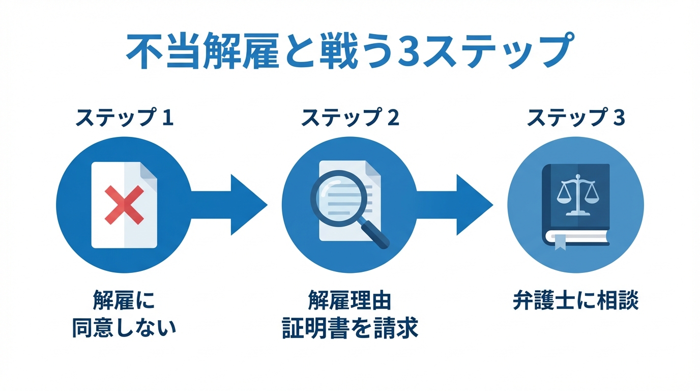 不当解雇と戦うための3つのステップ（同意しない、解雇理由証明書請求、弁護士相談）を示した図解。