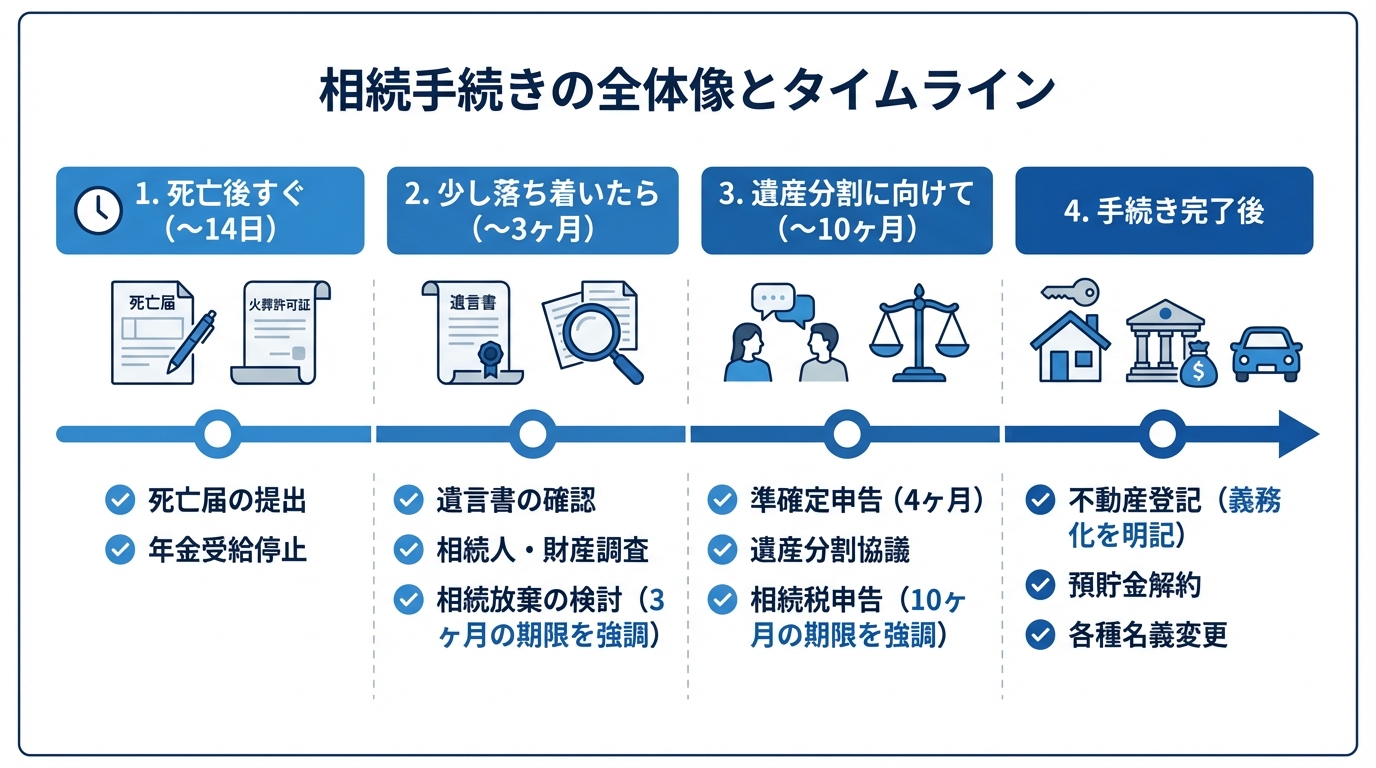 相続手続きのタイムライン。死亡後すぐ、3ヶ月以内、10ヶ月以内、手続き完了後という4つの期間に分けて、やるべきことをリスト化した図解。