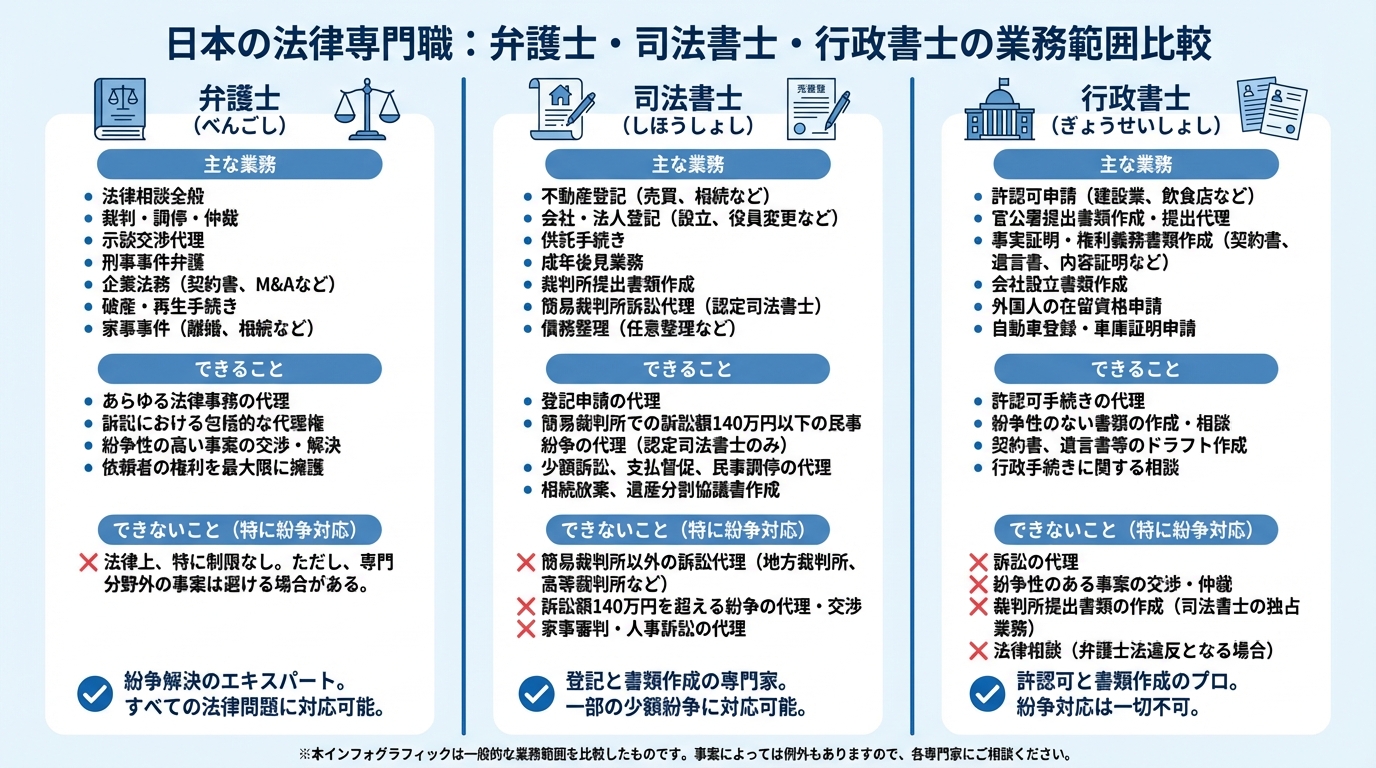 弁護士・司法書士・行政書士の業務範囲の違いを比較した図解。弁護士は紛争解決、司法書士は登記、行政書士は書類作成が主な業務であることが示されている。