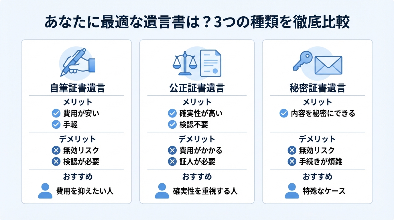 自筆証書遺言、公正証書遺言、秘密証書遺言の3種類をメリット・デメリット、おすすめな人で比較した図解。