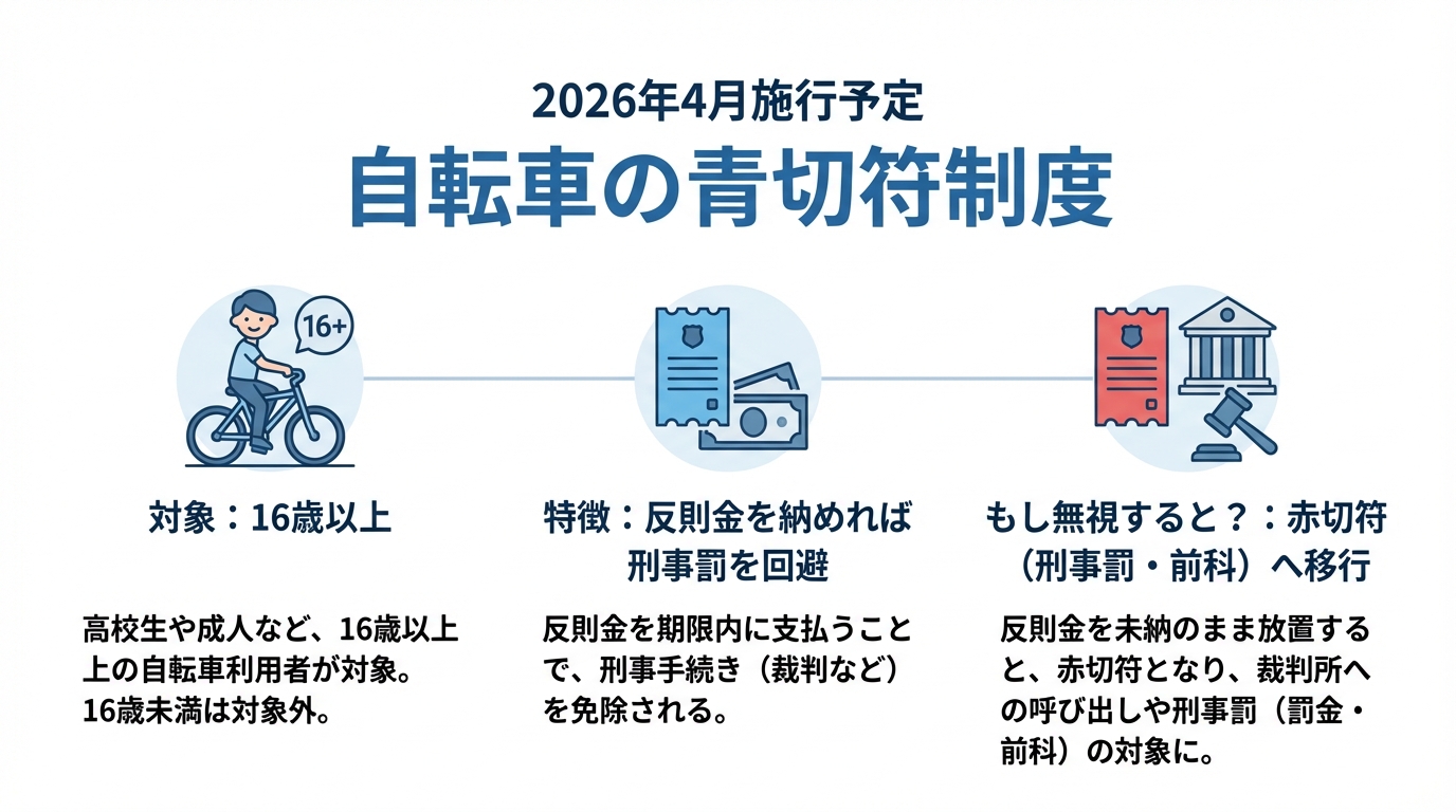 2026年から始まる自転車の青切符制度の概要を図解したインフォグラフィック。対象者、制度の特徴、無視した場合のリスクが分かりやすくまとめられている。