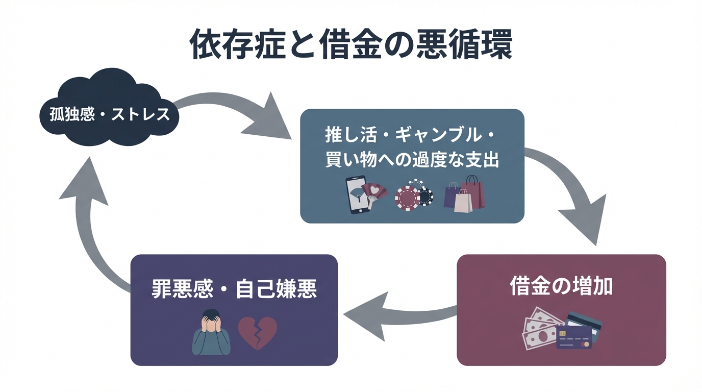 孤独感から浪費に走り、借金が増え、さらに罪悪感で孤独が深まるという依存症と借金の悪循環を示した図解。