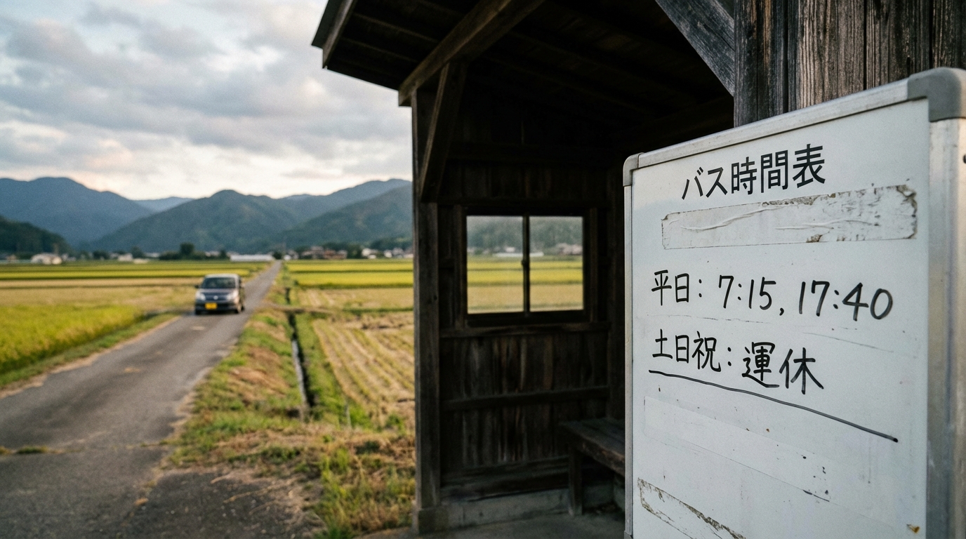 バスの本数が少ない地方のバス停の時刻表。車がなければ生活が困難な状況を象徴している。