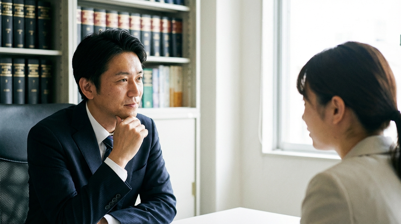 法律事務所で弁護士に相談し、安堵の表情を浮かべる男性。免責不許可事由があっても裁量免責で解決できる可能性があることを示唆している。