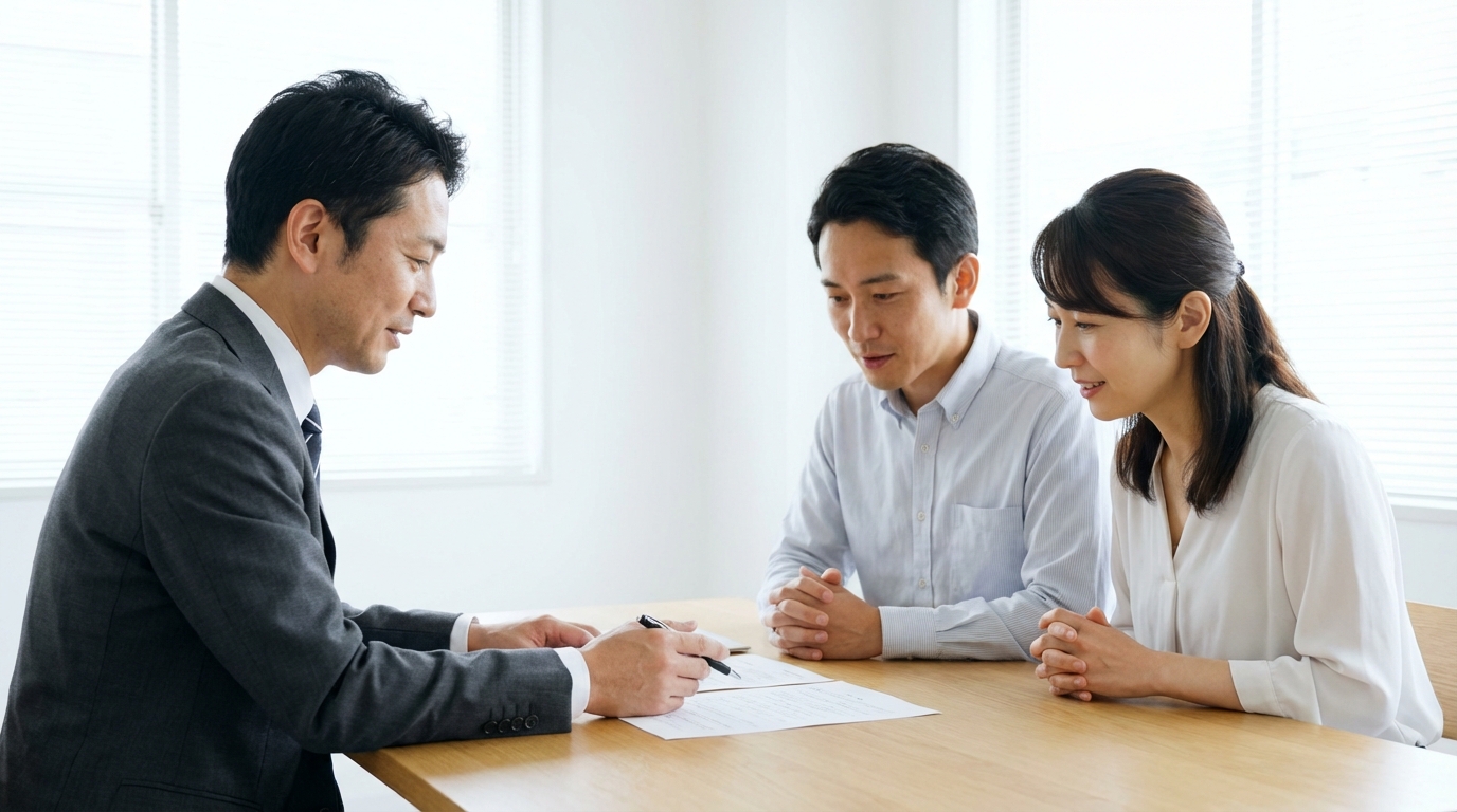 法律事務所で弁護士に相続の相談をする夫婦。弁護士が親身に話を聞き、夫婦は少し安心した表情を浮かべている。