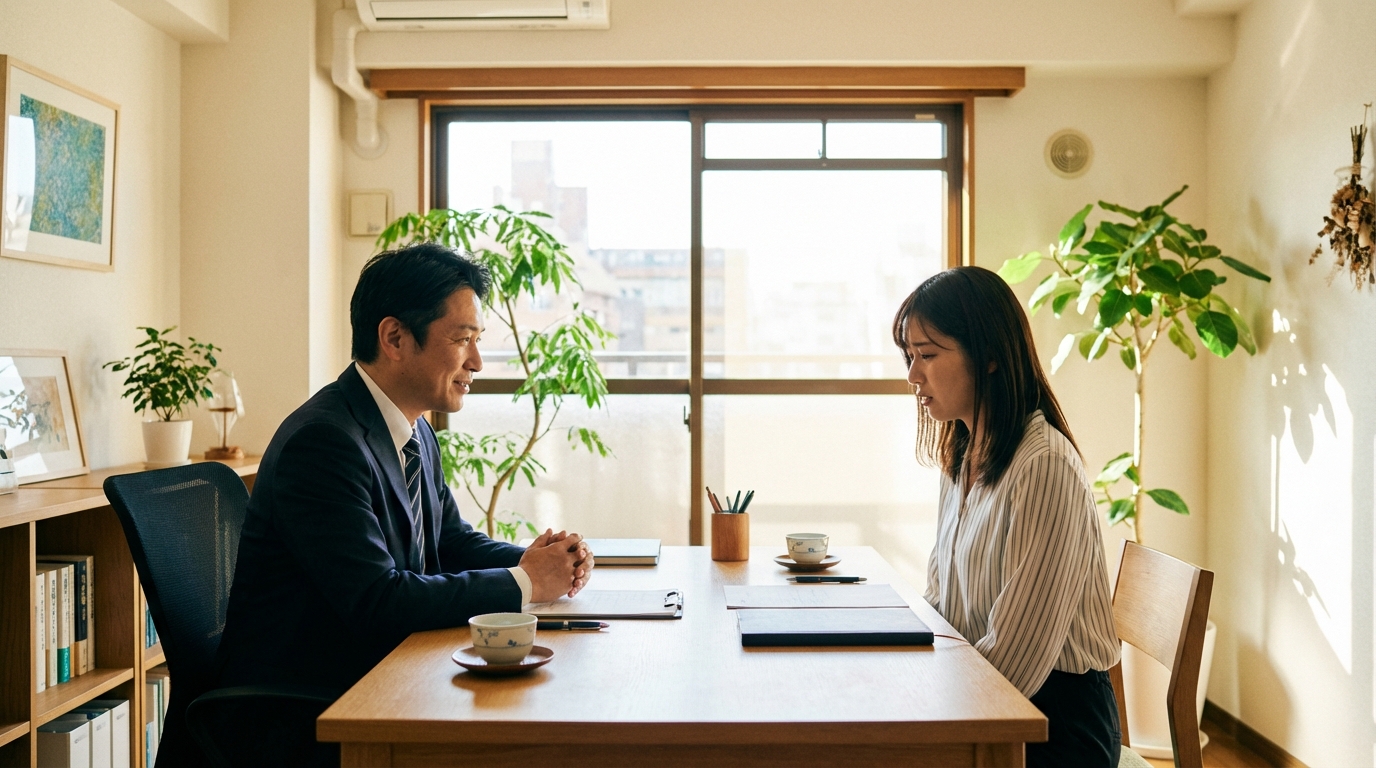 法律事務所で相談者の話を親身に聞く弁護士。不安な表情の相談者に対し、弁護士が温和な表情で耳を傾けている様子。