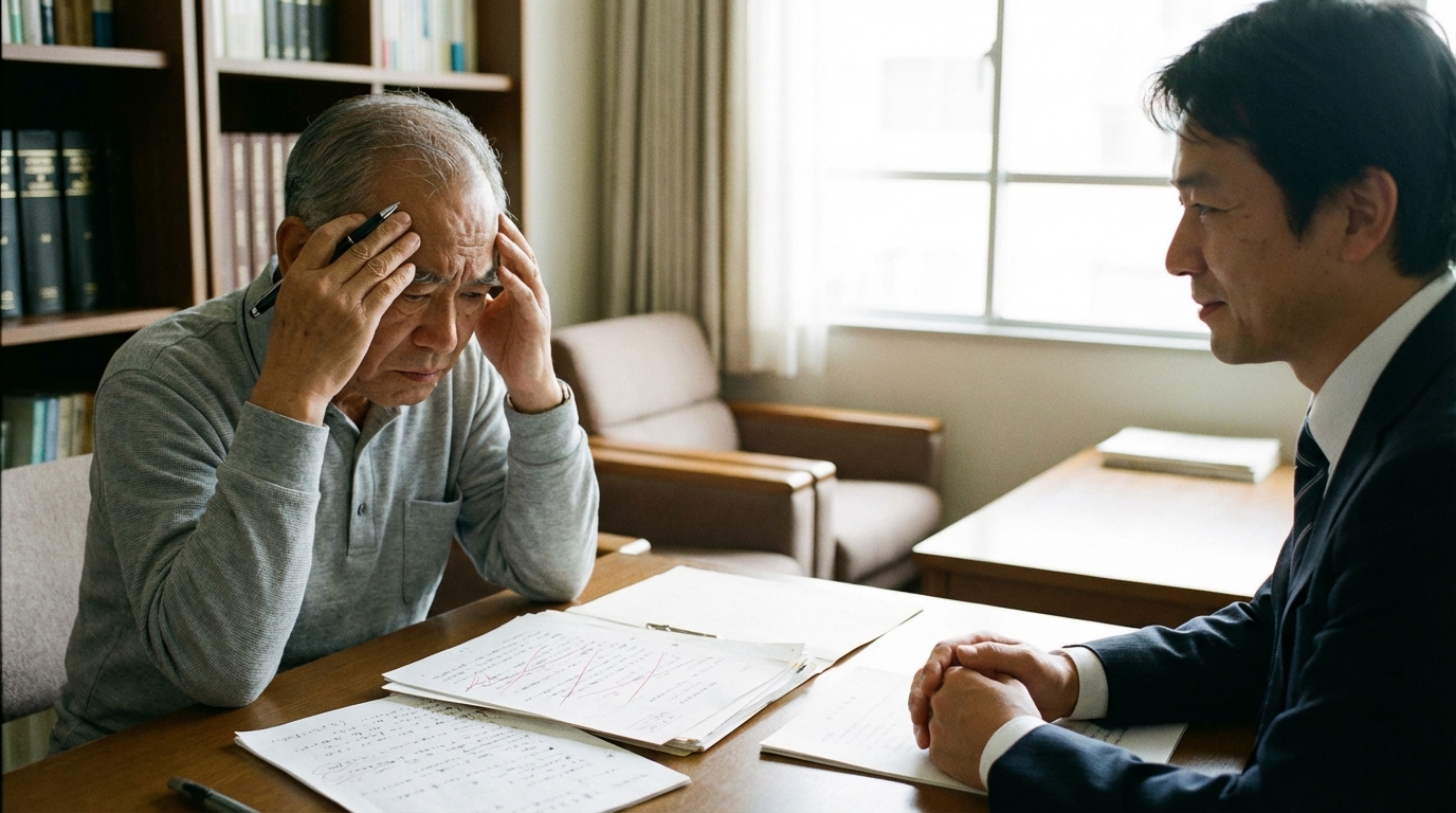 遺言書の内容について弁護士に相談し、悩んでいる様子の高齢男性。