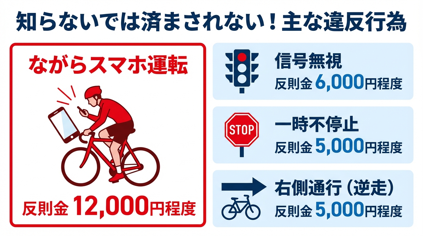 自転車の青切符の対象となる主な違反行為と反則金額をまとめた図解。「ながらスマホ」「信号無視」「一時不停止」「右側通行」がイラスト付きで解説されている。