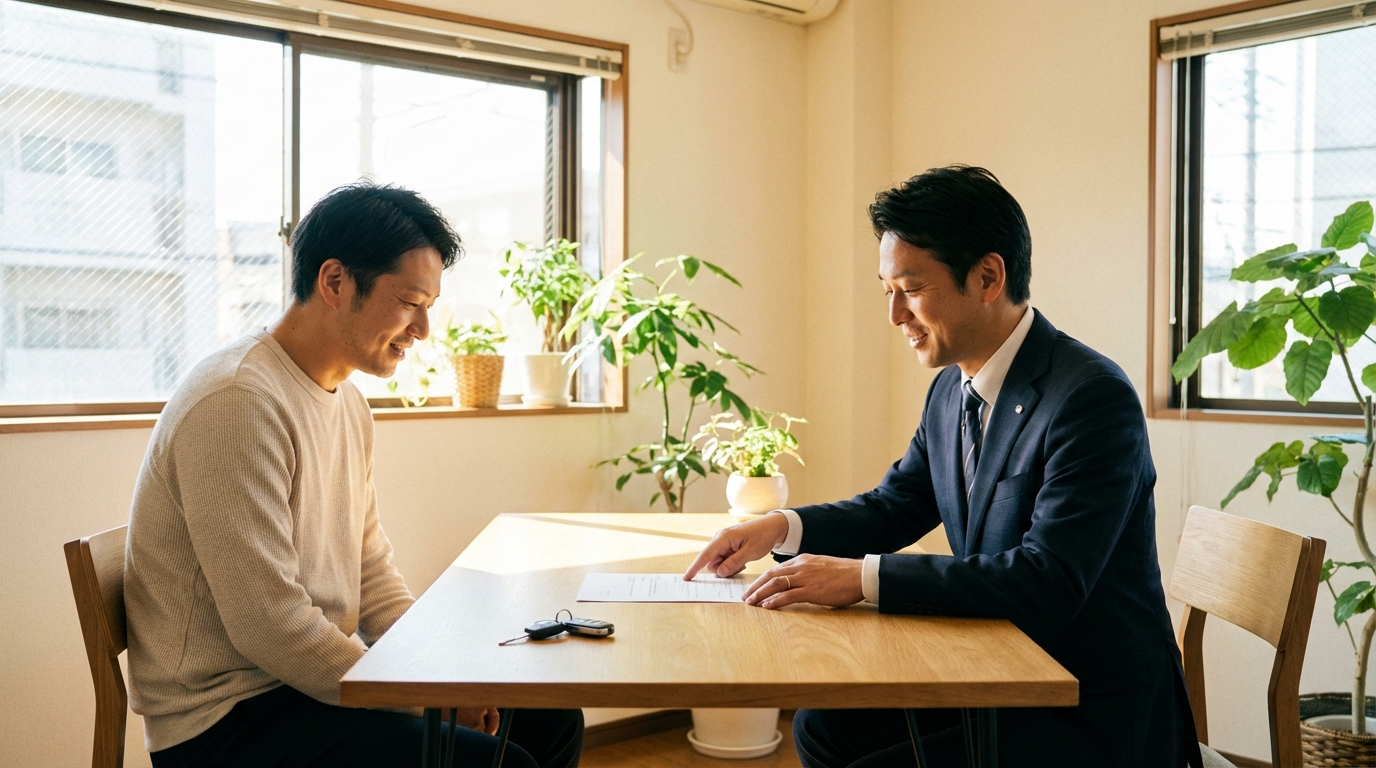 法律事務所で弁護士に相談し、安心した表情を浮かべる男性。自己破産で車の問題が解決に向かっている様子。